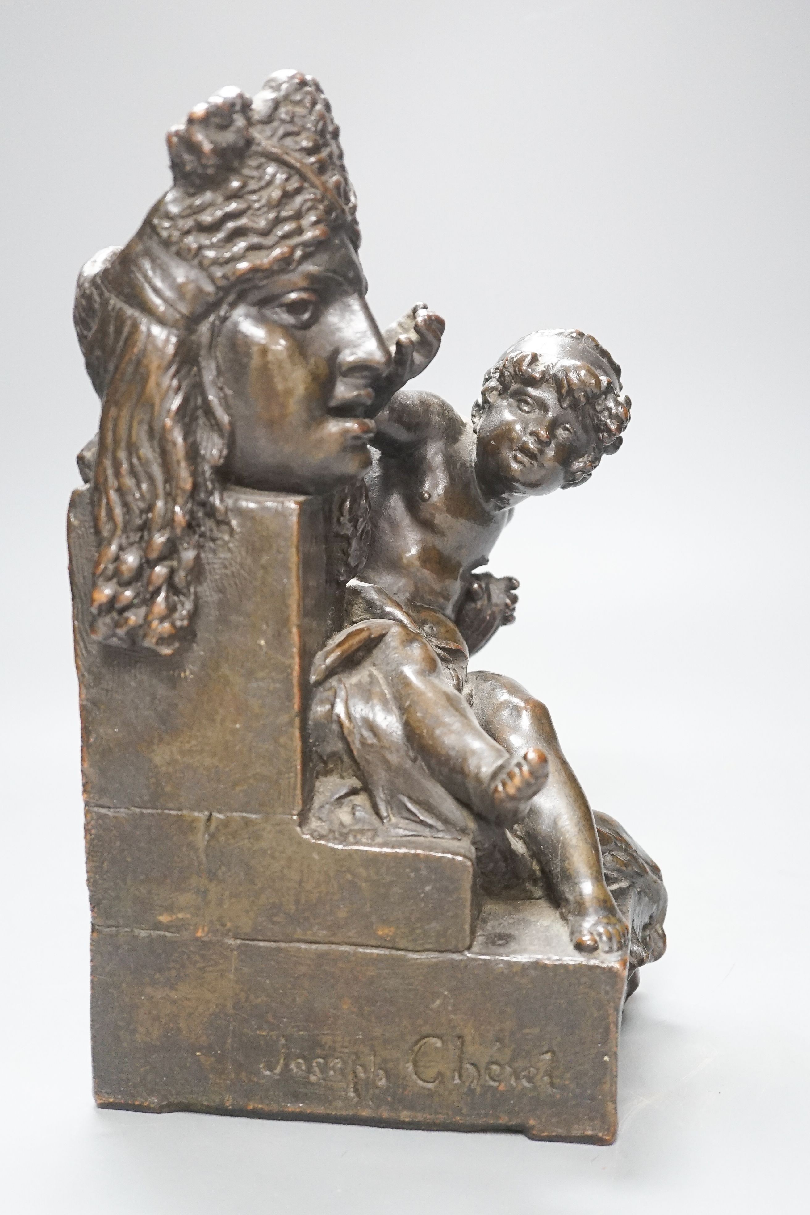 Gustave-Joseph Chéret (1838-1894). A bronzed terracotta group of putto beside a classical mask, signed, height 30cm